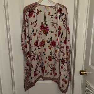 Floral Open Front Kimono Cardigan in Cream with Pink & Green